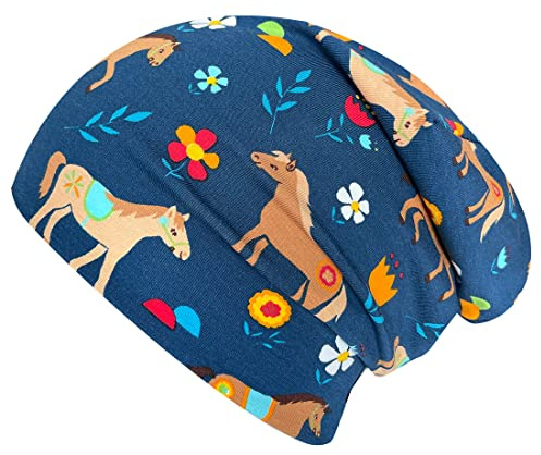 Wollhuhn EKO pojkar/flickor bekväm mjuk lång beanie/mössa/beaniemössa/stickad mössa/barnmössa, jerseyfodrad, övergångsperioder (ekologiska tyger/organiska), Ponny/hästar blå, 52/54 cm