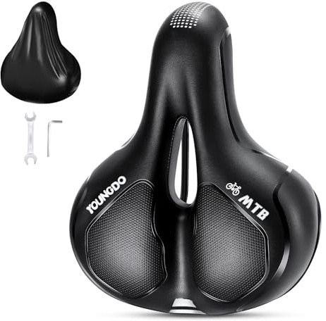 YOUNGDO Sillín de Bicicleta, Asiento de Gel para Bicicleta, Amplio, Suave, cómodo, Transpirable, Amortiguador de Golpes, ergonómico, con Cubierta Impermeable (Plata)