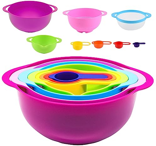 Rührschüssel 8er-Set, Rührschüssel set, rutschfest Mit 2 x Rührschüssel,1 x Netzsieb,4 x Messbecher,1x Sieb,Stapelbar Servierschalen,Messbecher-Set,Multifunktionsmisch schüssel für Küche (Rot)