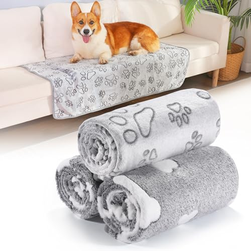 HezzLuv 3-Pack Dog Blankets - Soft, Washable Fleece Blankets for Dogs & Cats, Puppy Blankets, Pet Blanket for Small Medium Dogs, Cats, Blankets Ideal for Sofas, Beds & Car Seat, 52x76cm, Grey