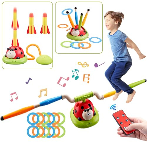Multi-Functional Game Sports Machine, Kid Ladybug Fitness Machine Toy,Obstacle Course/Stomp Rocket Launch/Ring Toss/Musical Jump Toys with Remote Control, Outdoors Toys for 3-8 Years Boys Girls