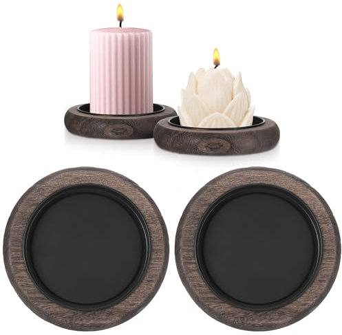 JIZZU 2PCS Wood Round Candle Plate Holder, Wooden Pillar Candles Tray for Farmhouse Decoration, Wood Plate Candle Holders Handmade, Wooden Candle Holder Plate for Pillar Candles up to 8cm Diameter