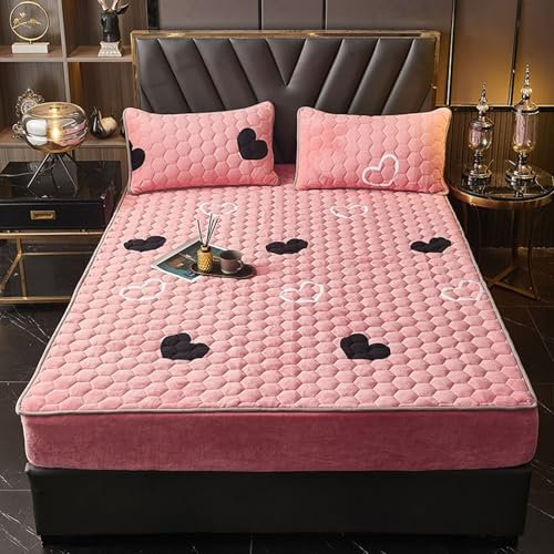 Spannbetttuch 90x200cm bis 25cm Rosa, Bettspanntuch Samt Herzmuster Printed Bettlaken Boxspringbett Winter Warm