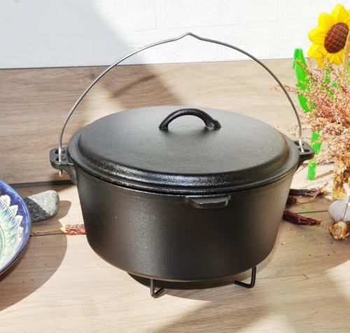 FireRocket Dutch Oven 8,5L Gusseisen Schmortopf ohne Füße Gusstopf Feuertopf niederländischer Kochtopf Gasgrill offenes Feuer
