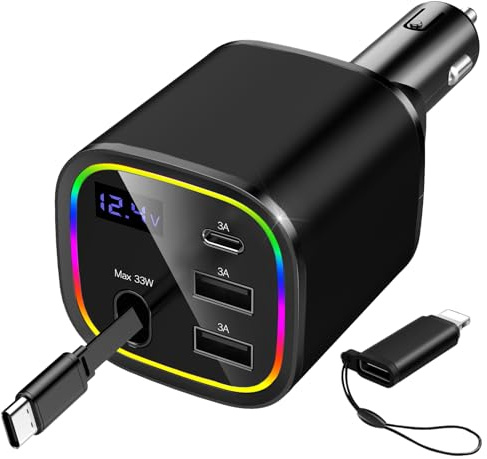 AGEMANY Cigarettändare USB C, 4-i-1 infällbar billaddare 78 W snabbladdare, billaddare med RGB-ljus Kompatibel med iPhone 16 15 12 13 14 Android, biltillbehör (svart)