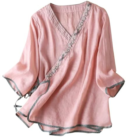 Vêtement de style chinois pour femme - Coton et lin - Broderie élégante - Grandes tailles - Tunique élégante - Col en V - Vintage - Manches 3/4 - Tunique enveloppante - Tang, Rose, M