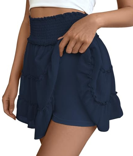 Adigaber Dam Solid Hög Midja Mini Kjol Volang Tyll Kjol med Shorts, Marinblå, XL