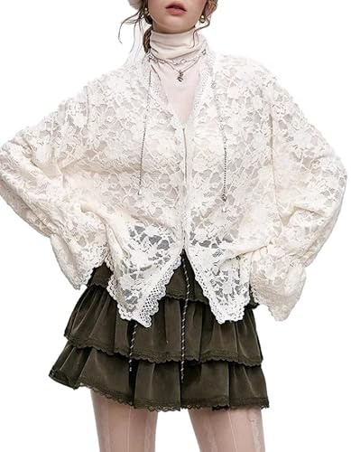 yssgtt Womens Long Sleeve Lace Top Hollow Out Button Down Shirts V Neck Casual Blouse Sexy Tops White