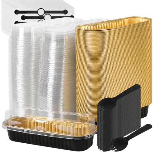 MAKTSAM 200 mini teglie da forno rettangolari con coperchio e cucchiai, 100 set da 200 ml in alluminio con adesivo sigillante per torte, budini, pane