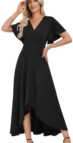 WEACZZY Formal Dresses for Women,Gowns Evening Party Cocktail Dress Long Split Elegant V Neck Wrap Ruffle Wedding Guest A-line Dresses,Black,S