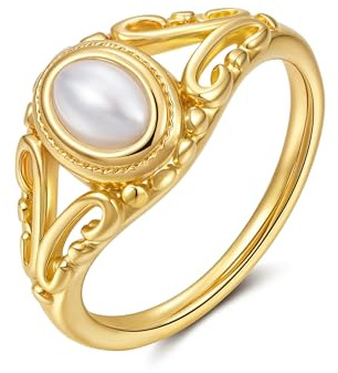 YeGieonr Non Tarnish Gold Signet Rings for Women - Waterproof 18K Gold Plated Stainless Steel Pearl Ring, Statement Ring for Everyday Wear