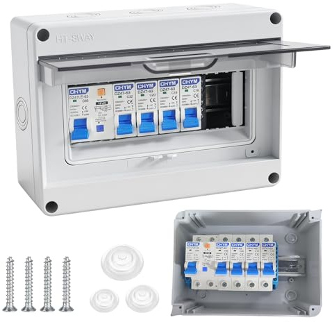 Coffret Electrique Etanche, Tableau Electrique avec Disjoncteur, Boite multiprise IP65 pour Caravanes/Garages/Ateliers/Villas, Bornier Electrique avec Disjoncteur 63A CA 2x16A + 20A + 32A