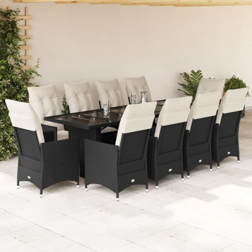 Tonture Ensemble bistro de jardin 11 pièces en polyrotin noir, fauteuil de relaxation réglable, plateau en verre trempé, résistant aux UV, 10 places pour terrasse, balcon, jardin