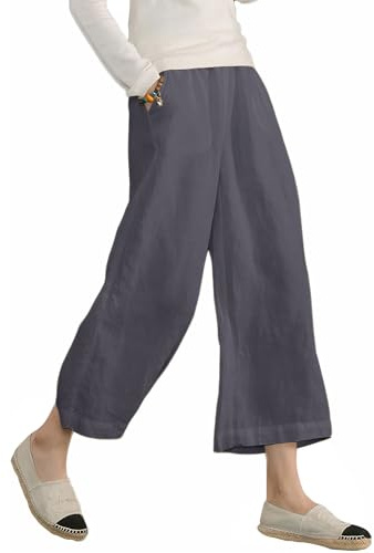 ECUPPER Womens Cotton Cropped Pants Loose Fit Wide Leg Capri Casual Plus Size Elastic Waist Trousers Gray L