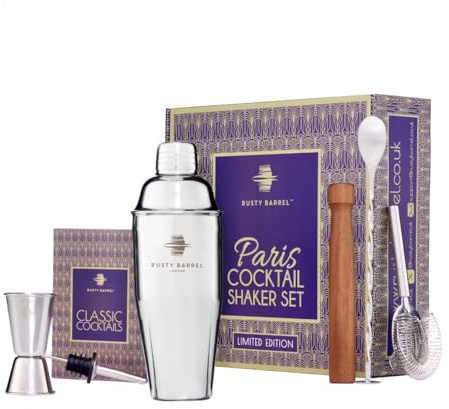 Rusty Barrel Paris Cocktail Making Set - Large Manhattan Style Stainless Steel Cocktail Shaker, Muddler, Strainer, Bar Measure, Pourer, Spoon & Recipe Booklet | Presented in a Luxury Gift Box