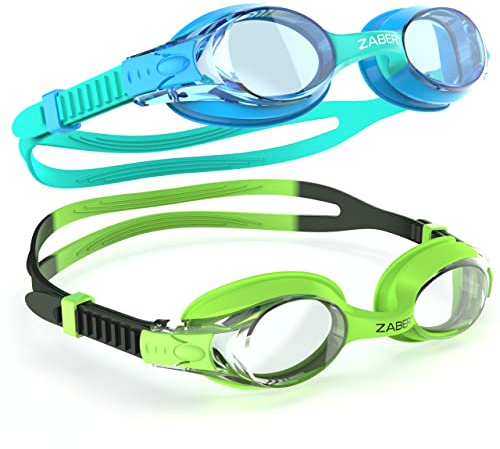 ZABERT 2 Pack K20 Kids Swimming Goggles, Swim Goggles for Kids Toddler Youth Boys Girls Junior Jr Childrens Child Little Baby Age 3 4 5 6 7 8 9 10 Years Anti Fog Blue Teal Black Green