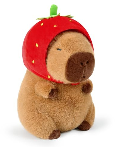 Ditucu Cute Capybara Plush Wear Strawberry Hat Soft Capibara Stuffed Animal Plushies Toys Hugging Gifts for Kids Brown 9 inch