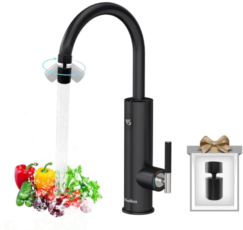 Briwellna Instant Hot Water Tap, 220V Stainless Electric Tap Universal Nozzle, Flexible and Convenient, 360 Degrees Rotate Cold and Water Heater Faucet (Black)