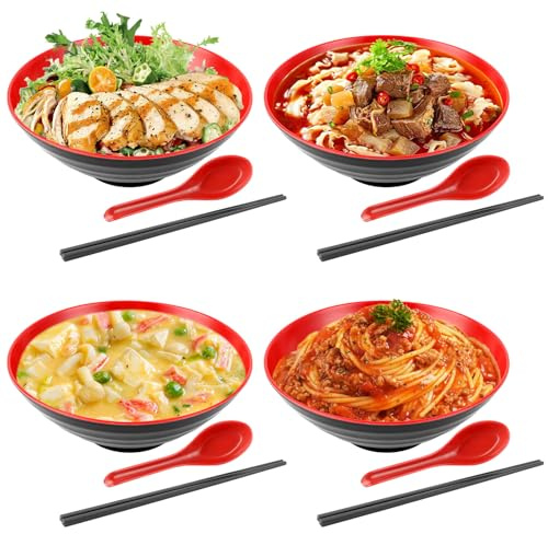 GBACHOOSE Juego de 4 tazones de ramen, cuenco de ramen con cuchara y palillos, 1000 ml, juego de cuencos de ramen para ramen Buldak, fideos udon, fideos chinos, ramen Nissin (rojo)