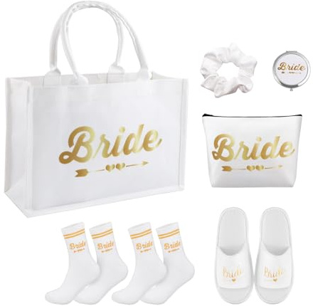 JaneYi 6 Pezzi Borsa da Sposa Bianca Set con Trousse Trucco Pantofole Calzini Specchio e Scrunchie in Raso per Matrimonio Futuro Sposa Addio al Nubilato
