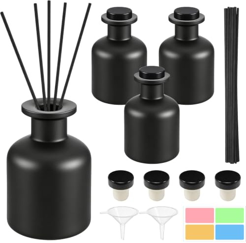 Hengxinc 4PCS Black Reed Diffuser Bottles,150ml/5oz Diffuser Bottles Empty | Matte Refillable Empty Diffuser Bottles with Rattan Sticks, Funnel, Sticker, for Essential Oils, Aromatherapy, Fragrance