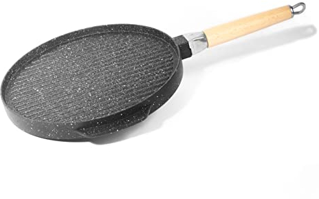 NAMAI - Bistecchiera Antiaderente Pietra, 36CM, Alluminio Pressofuso, Adatta In Lavastoviglie, Lati Grill e Liscio, Padella Manico Removibile in Legno, No Induzione, Made In Italy