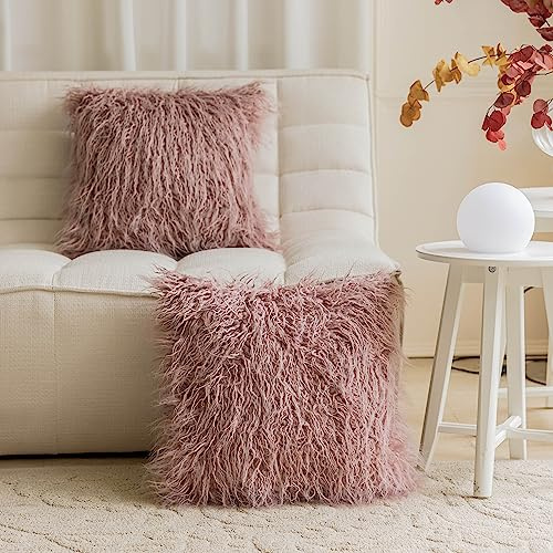Home Brilliant Dusty Rose Pillow Covers 18x18 Pillows Fluffy Fuzzy Fur Pillow Covers Set of 2 Shaggy Cushion Cover 18 x 18 inch, Dusty Pink