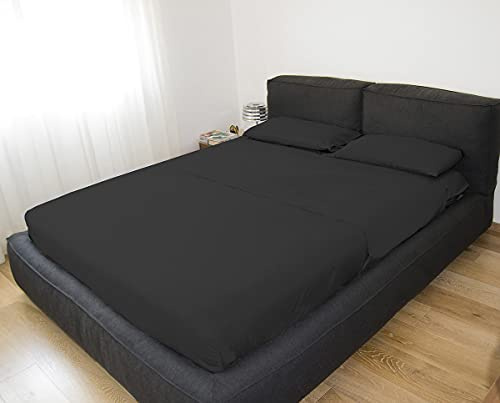 GEMITEX Completo letto Matrimoniale, Colore NERO, con Trattamento NO-STIRO, effetto Raso, in 100% Microfibra di poliestere. Composto da 2 lenzuola e 2 federe TINTA UNITA. Made in Italy