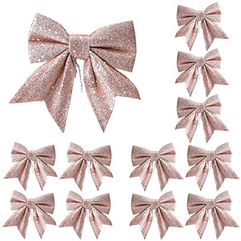 Lot de 12 nœuds de Noël à paillettes, nœuds or rose pour sapin de Noël, couronnes de 14 cm, nœuds papillon à paillettes, rose gold, taille unique