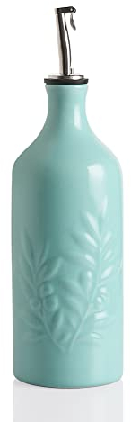 Sweejar Ceramic Olive Oil Dispenser Bottle, 20 Oz Relief Design EVOO Oil and Vinegar Dispensing Bottle with Spout for Kitchen, Set of 1 (Turquoise)