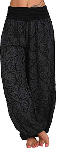 Minetom Femme Été Harem Yoga Pantalon Sarouel Legers Hippie Baggy Léger Ethnique Calqué Smockée avec Poches Plage Pantalon Aladin Jogging Noir XL