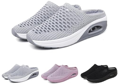 KIKIATA Hatmeo Women Orthopedic Slippers, Air Cushion Slip-On Diabetic Walking Shoes with Arch Support, Lightweight Breathable Sneakers Slippers Wide Toe Box Shoes for Women Indoor Outdoor(Grey,6 UK)