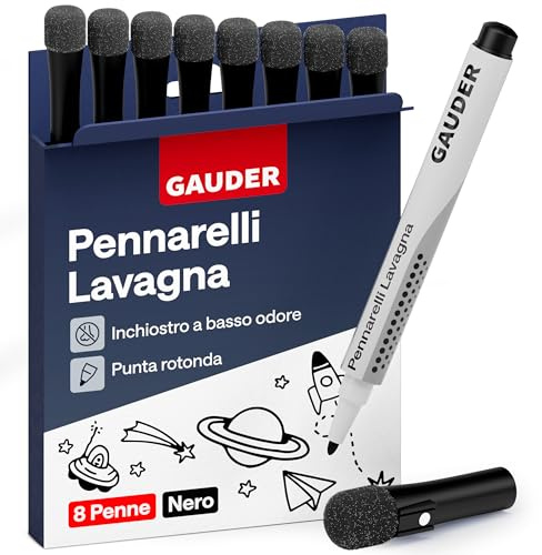 GAUDER Set de Marqueurs Tableau Blanc (8 pièces – noir) | Feutres Tableau Blanc | Effaçable à sec et sans résidus | Marqueurs Effaçables avec éponge, idéal pour tableaux blancs