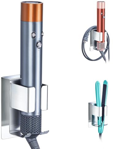 YYBO Hair Straightener Holder Silver, Hair Dryer Holder Wall Mount for Curling Irons Styler Attachments, Stainless Steel Hairdryer Holder for Bathroom Dressing Table