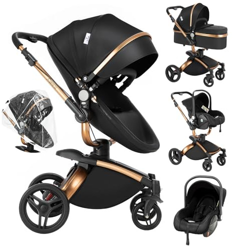 Veitoalioy PU-Leder Kinderwagen 3 in 1, 360° Drehbarem Sitz Faltbarer Kinderwagen Set, Aluminium Hohe Landschaft Babywagen, Bequemer Multifunktionaler Kombikinderwagen 3 in 1 Komplettset (906 Black)