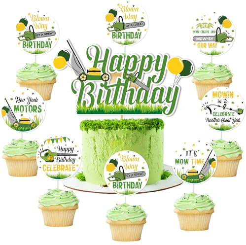 Lawnmower Birthday Cake Toppers Mower Happy Birthday Party Decoration Green Tractor Decor for Boys Farm Temed Tractor Time Party Supplies