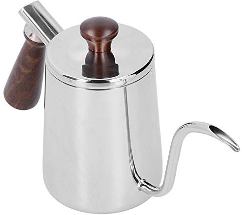Nikou Cafetera portátil de acero inoxidable, 700 ml, mango de madera, cuello de cisne para verter sobre café, café por goteo, uso en café, color blanco