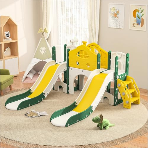 Toboggan pour Enfant 7 en 1, Aires de Jeux avec Double Toboggans, Cadre d'escalade, Télescopes, Tunnel, Espace de Rangement, échelle Alphabétique, Couloir avec Petite Fenêtre