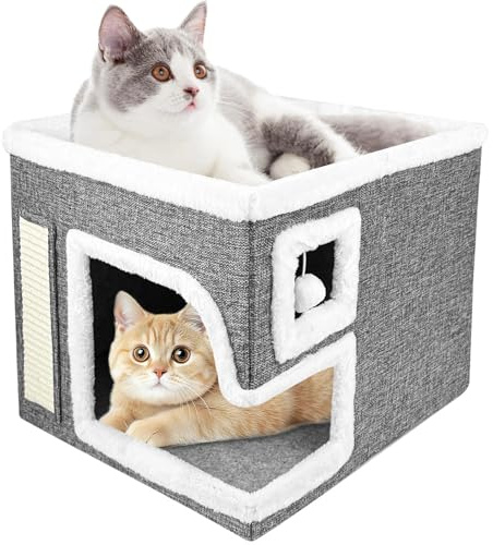 Brynlex 2 Capas Cama Gatos, Casa Interior, Plegable Semicerrada Escondite Gatitos con Cojines para Pequeños y Medianos(Gris)