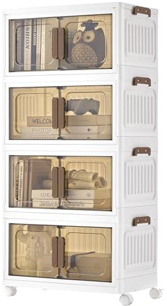 SONGMICS Cajas de Almacenamiento de 4 Niveles, Organizador con 1 Tapa, Cajas Apilables, con Ruedas, de Plástico, con Puerta Magnética, Blanco, 25 L por Nivel, RLB445WZ01