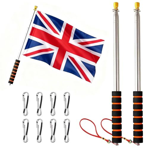 Toumdafine Confezione da 2 aste telescopiche in acciaio inox 3M, asta per bandiera portatile con 8 clip per asta per guide turistiche, insegnanti, campeggio, viaggi, competizioni