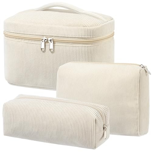 BuyCard Lot de 3 Trousses de Toilette pour Femme avec Motif Floral - Trousse de Toilette matelassée - Portable - pour Les Voyages et la Vie Quotidienne (3, Beige Stripe)