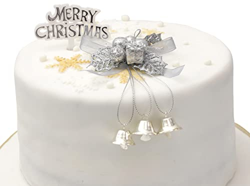 Cake Decoration Set Silver Holly & Bells With Merry Christmas Sign Motto Party Accessories (Silver)