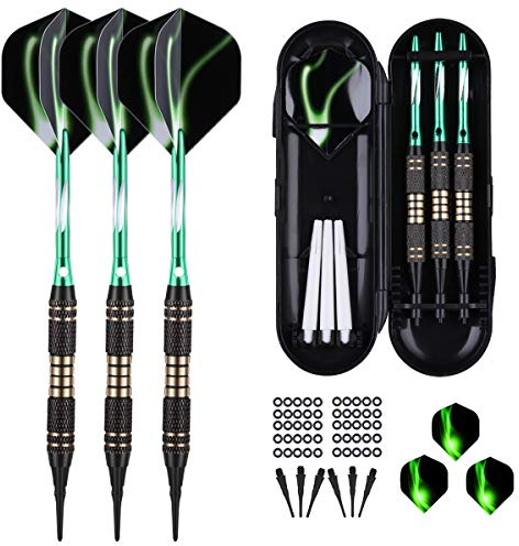 sanfeng Soft tip Darts Set 18 Gram - Professional Darts Plastic Tip with Brass Barrel + Green Aluminum Shafts + 50 Rubber o-Ring + 6 Pattern Flights +30 Soft Tips for Electronic Dartboard