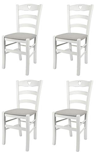 t m c s Tommychairs - 4er Set Stühle Cuore für Küche und Esszimmer, Robuste Struktur aus Buchenholz, deckend Weiss lackiert und gepolsterte Sitzfläche mit Stoff in der Farbe Perlgrau bezogen