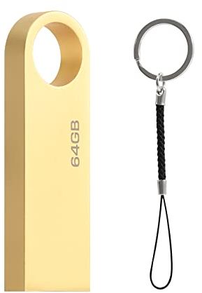 USB Stick 64 GB, Mini USB-Stick 64GB Wasserfest Speicherstick USB-Flash-Laufwerk 64 GB mit Schlüsselanhänger für Schule Büro Auto PC Laptop (Gold)