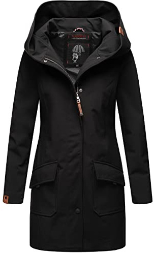 Marikoo Mayleen - Giacca lunga da donna in Softshell, cappotto, parka, impermeabile, per uso all’esterno, con cappuccio, taglie XS-3XL, Nero , S
