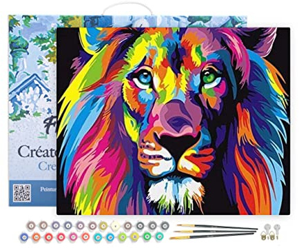 Figured'Art Malen Nach Zahlen Erwachsene Mit Rahmen Pop Art Löwe - Paint by Numbers Basteln DIY Bastelset 40x50cm Leinwand gespannt auf Holzrahmen
