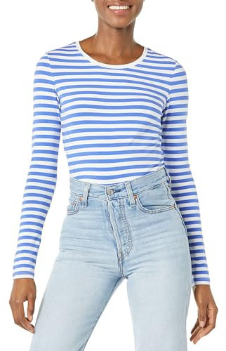 Amazon Essentials Damen Regular-Fit Langarm-T-Shirt Rundhalsausschnitt (In Übergröße Erhältlich), Blau Weiß Streifen, M