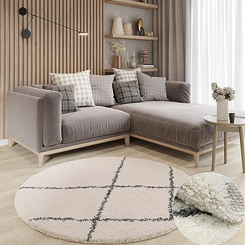 MY-RUG Shaggy Luxe Langflor Teppich Rund 150 cm | weicher Wohnzimmerteppich rutschfest & flauschig | Moderne Skandi Rauten Muster, einfarbiger Teppich für Schlafzimmer, langlebig | Creme Weiß